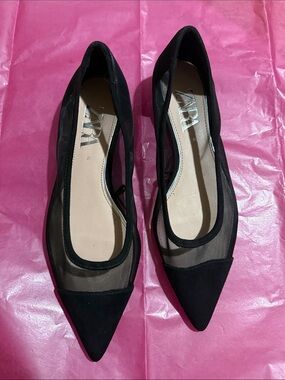 Zara Black Pointed Mesh & Suede-Trim Ballet Flats